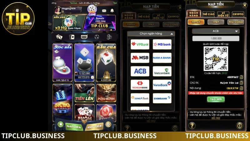hướng dẫn nạp tiền tip club