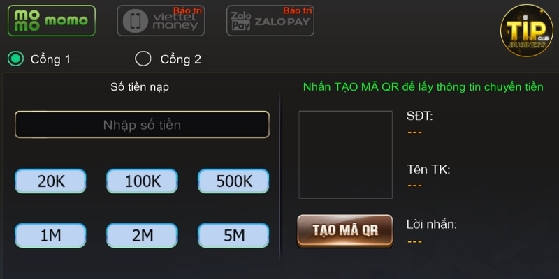 nạp tiền tip club qua ví điện tử